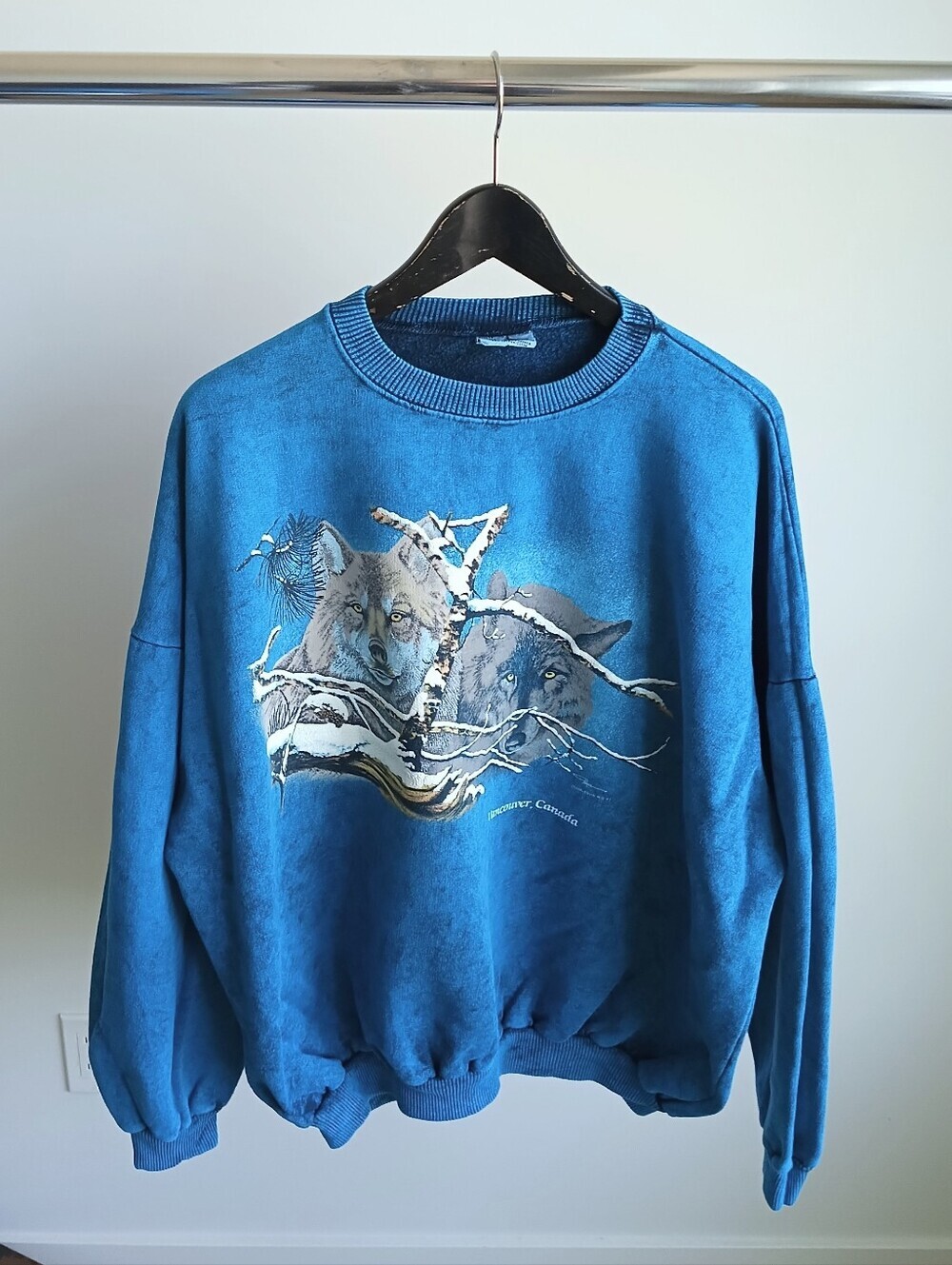 Vintage 90s Harlequin Nature Wolves Vancouver Sweatshirt Blue L